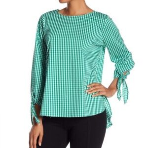 Boutique Green Gingham Check Tie-Sleeve Top Size M